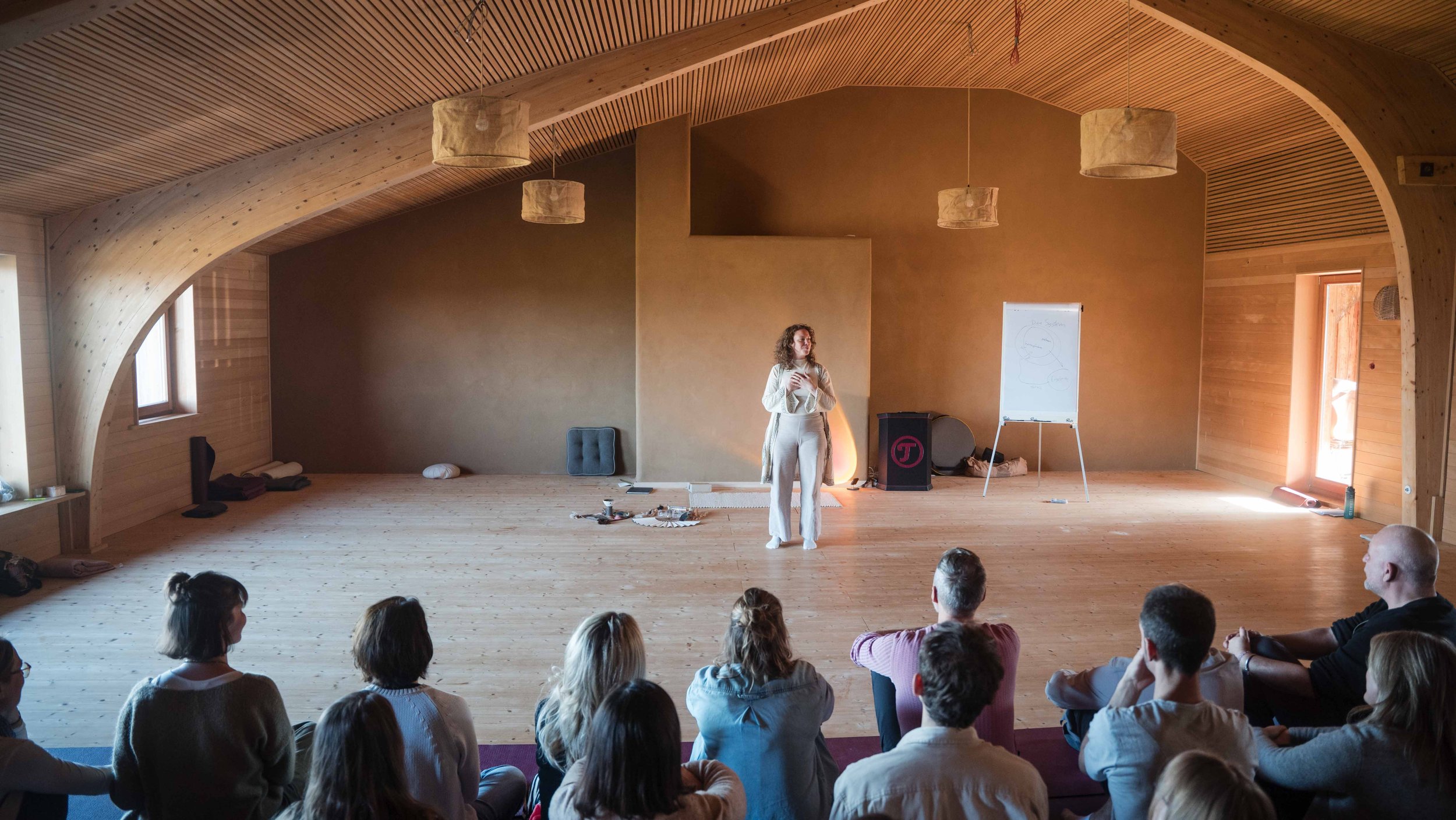Ein Frau hält einen Vortrag vor einer Gruppe von Zuhörern in einem Holzzimmer mit hoher Decke und großen Fenstern.