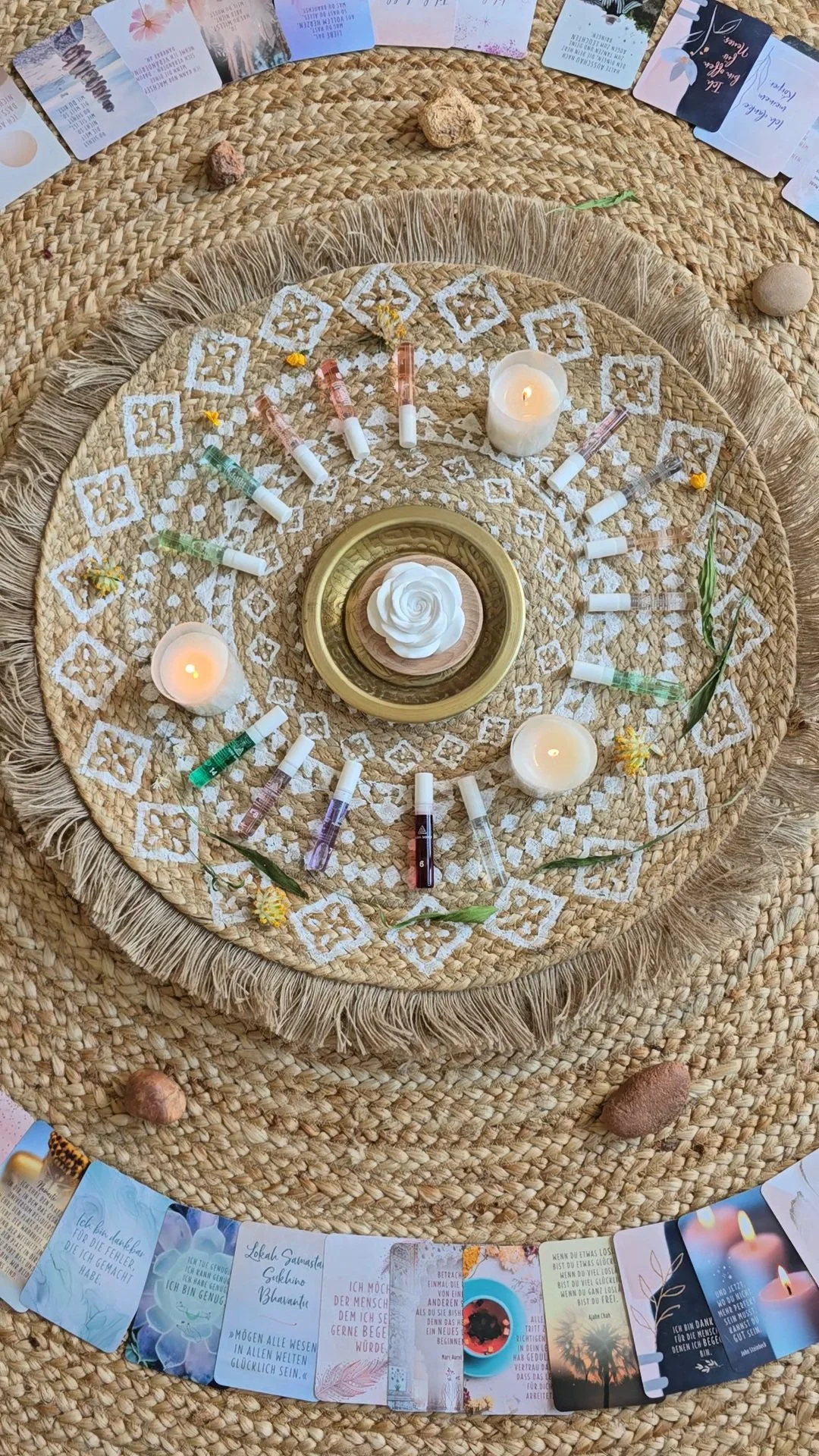 Ein Kreistisch mit spirituellen Gegenständen auf einem geflochtenen Teppich. Im Zentrum befindet sich eine Kerze und eine weiße Rose auf einem goldfarbenen Teller. Ringsum sind kleine Fläschchen mit buntem Inhalt, einige Kerzen und Blumen. Am äußeren Rand sind auf Karten mit spirituellen Zitaten und Bildern abgebildet.