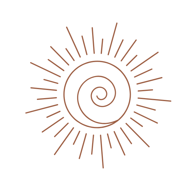 Ein spiralförmiges Design mit Sonnenstrahlen, dargestellt in brauner Farbe auf schwarzem Hintergrund.