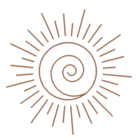 Ein braunes, spiralförmiges Sonnenmuster mit Strahlen, das nach außen radiert.