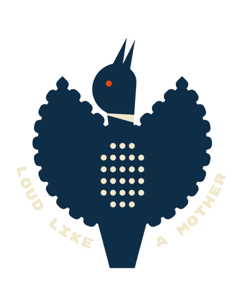 Illustration of a peacock with navy blue feathers, an orange eye, and a white beak, with the phrase "LOUD LIKE A MOTHER" curved below.