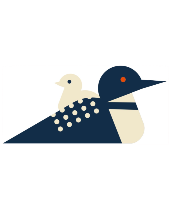 Simple illustration of a bird with a chick sitting on its back, using minimalistic shapes and colors.