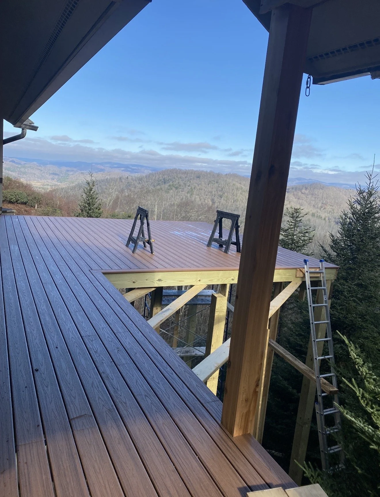 View of a wooden deck under construction by Antonio's Construction serving Ashe and Watauga County in North Carolina.