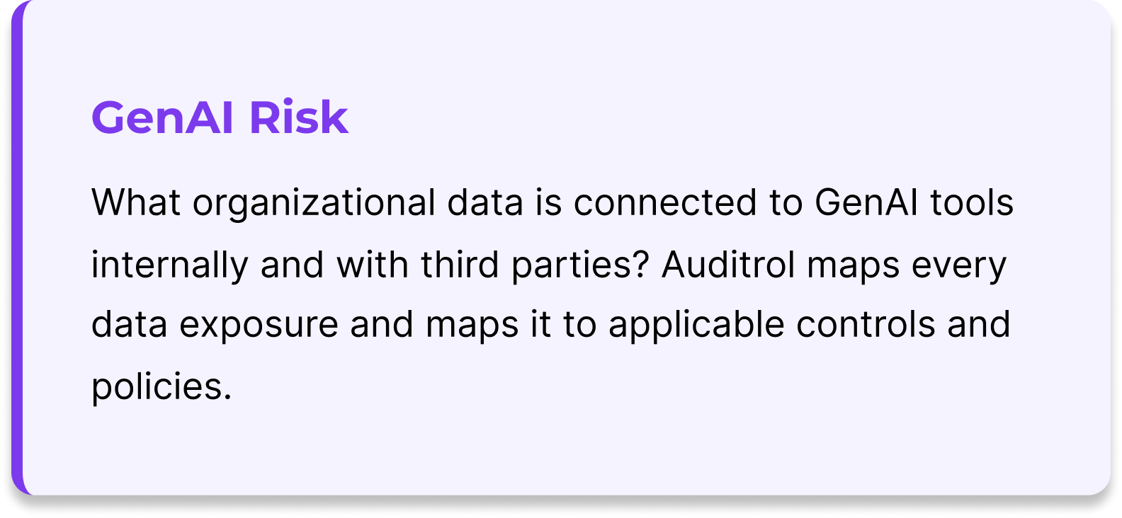 Slide titled "GenAI Risk" with purple header and black text explaining GenAI data connections and mapping for controls and policies.