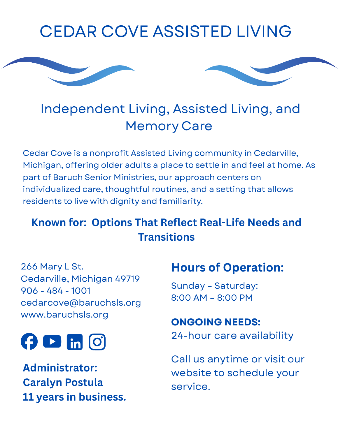 Cedar Cove Assisted Living page – senior living community in Cedarville, Michigan