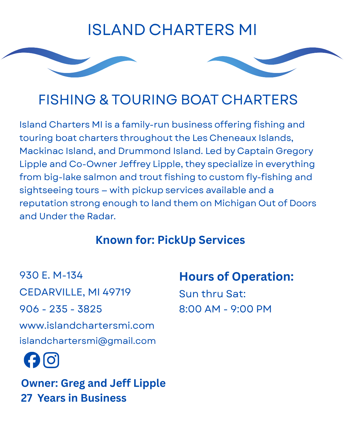 Island Charters MI page – fishing and touring boat charters in Cedarville, Michigan