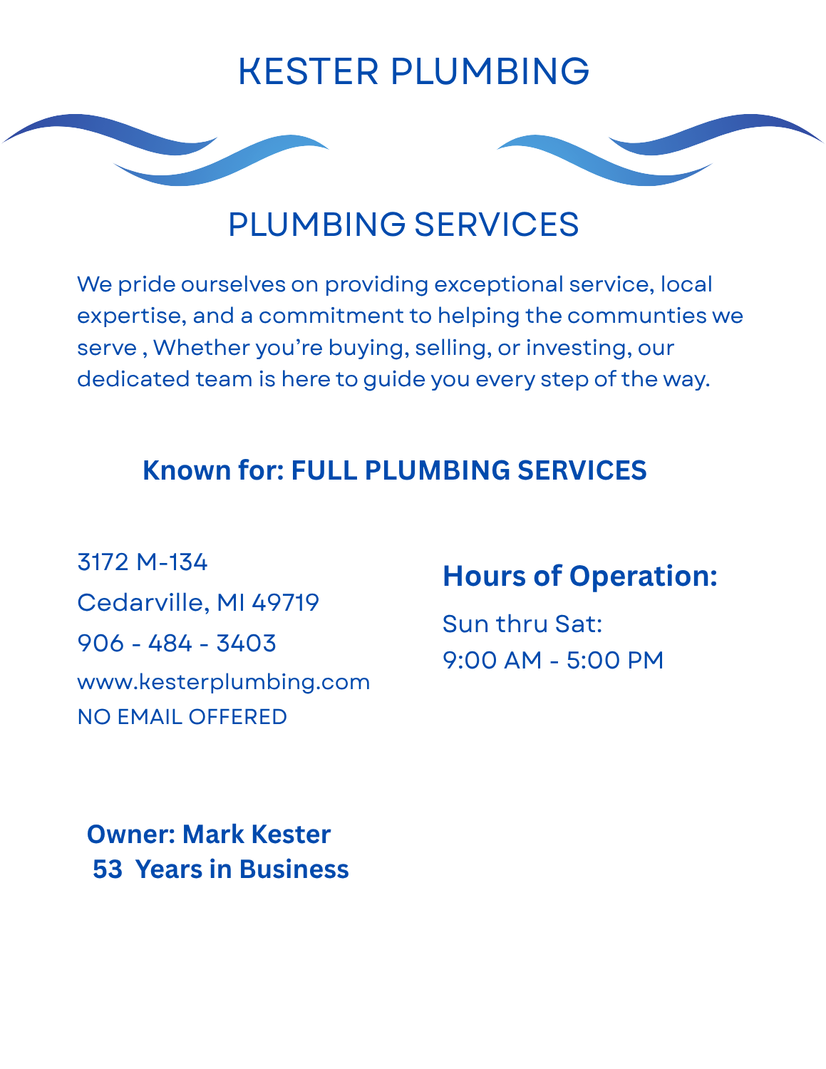 Kester Plumbing page – licensed plumbing contractor in Cedarville, Michigan