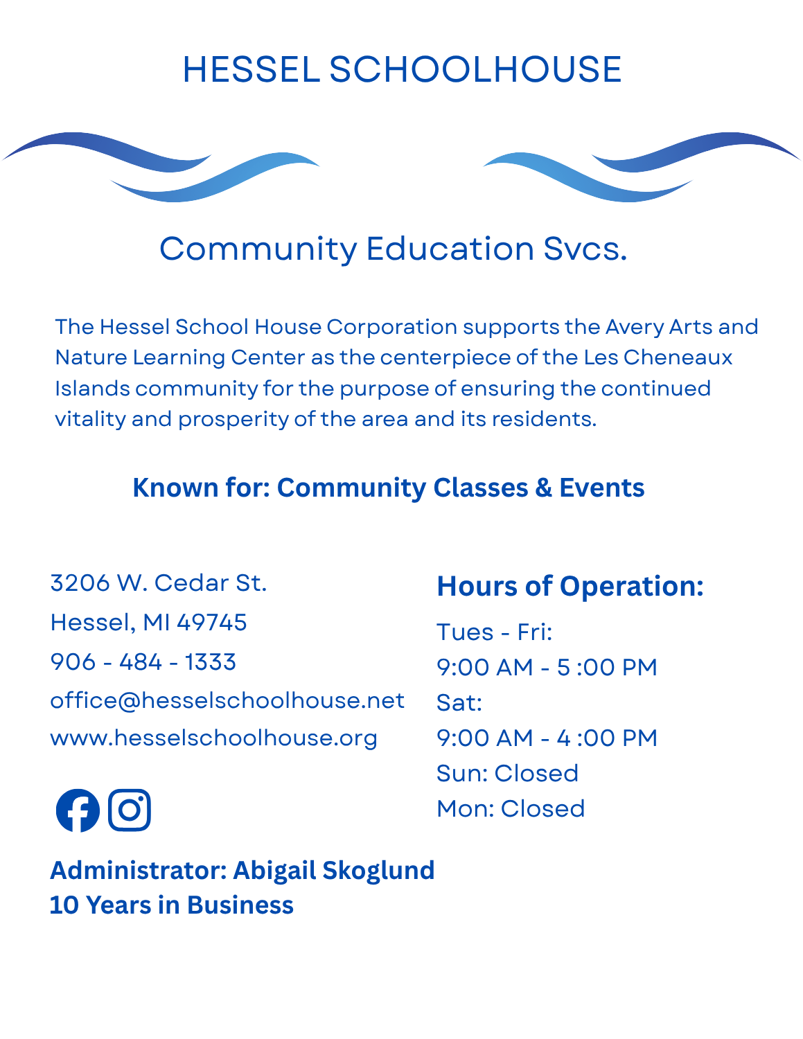 Hessel Schoolhouse page – community education center in Hessel, Michigan