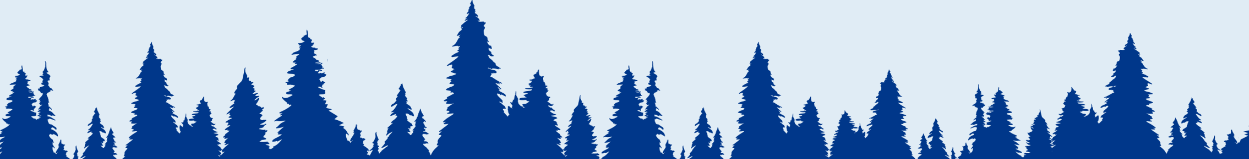 A silhouette of a dense pine forest against a light blue sky.