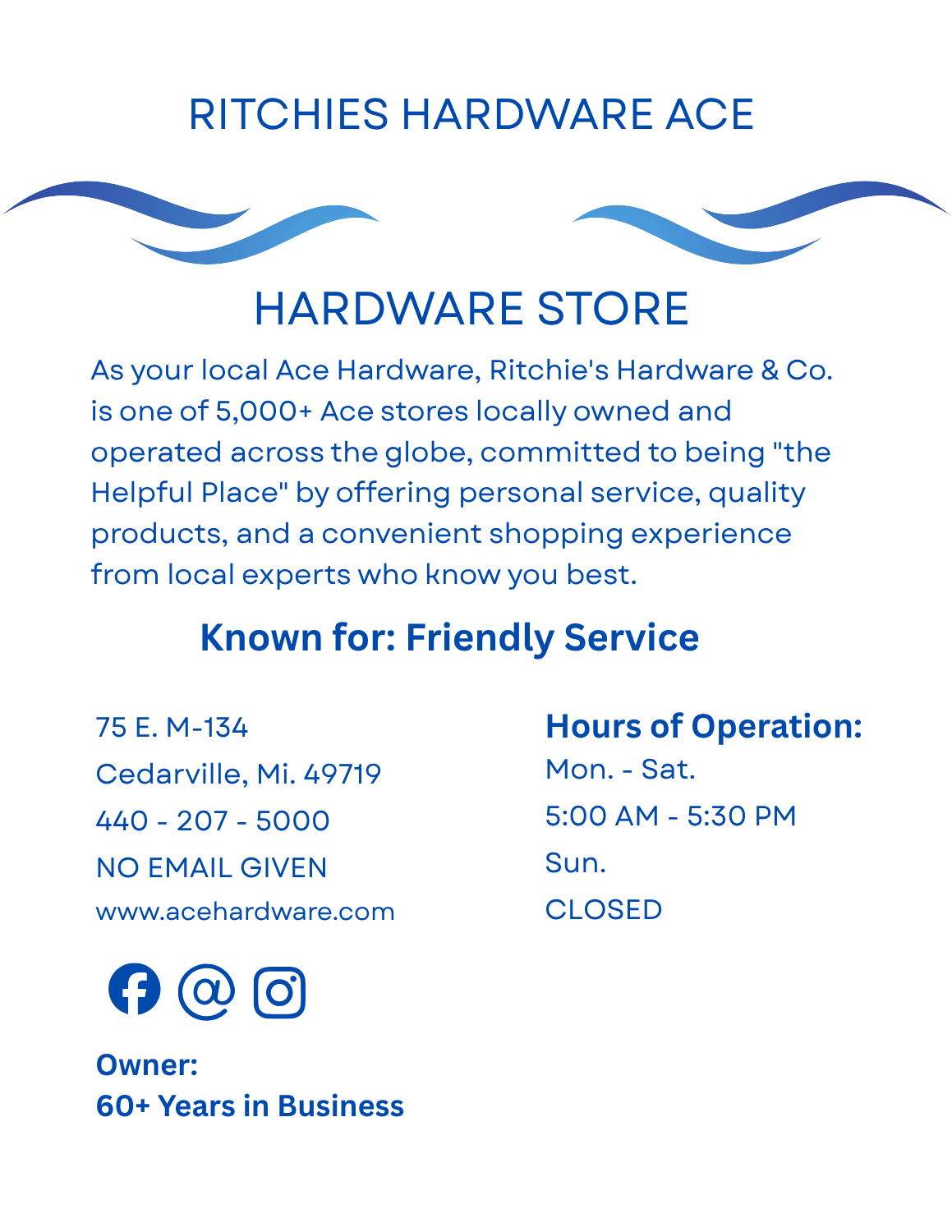 Ritchie's Hardware & Co. page – Ace Hardware store in Cedarville, Michigan