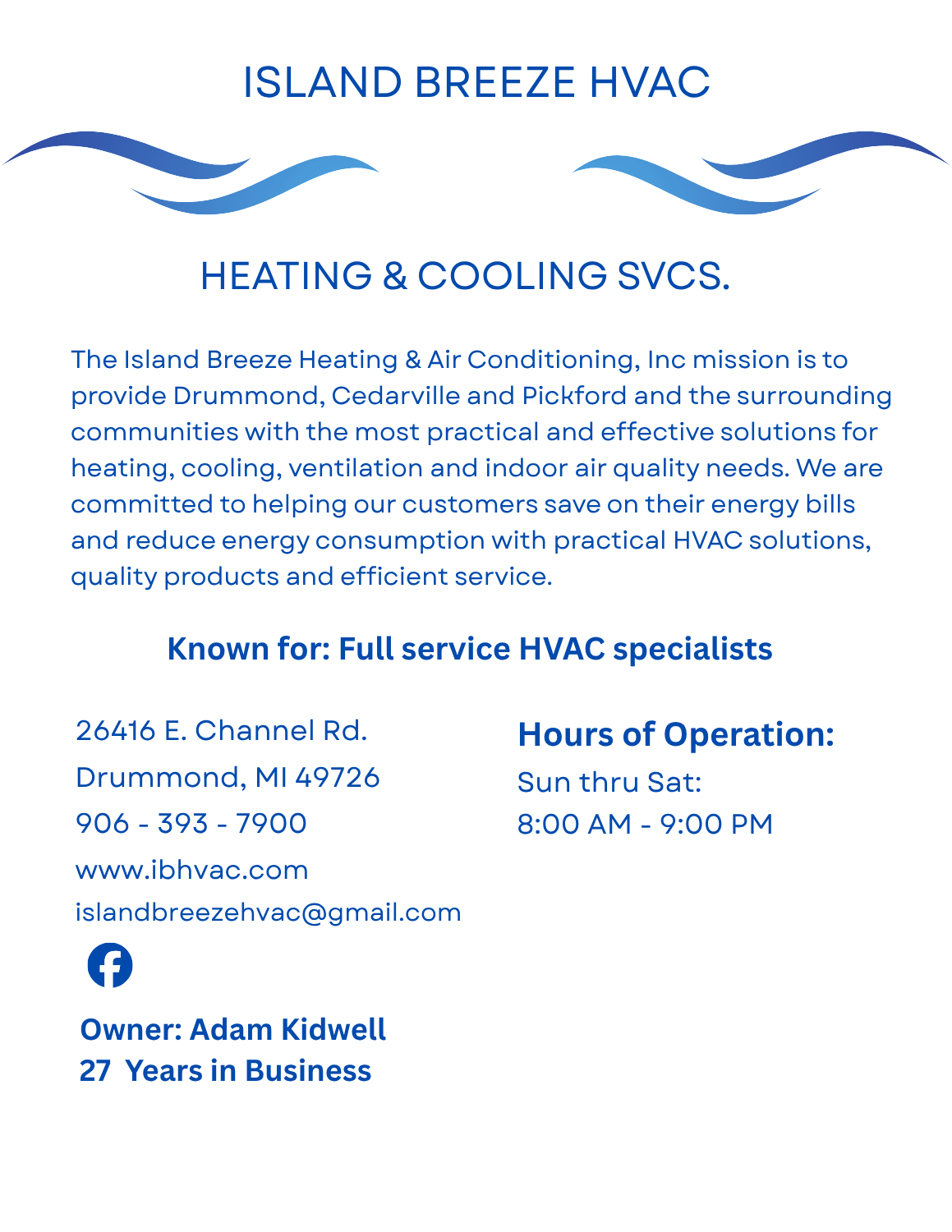 Island Breeze HVAC page – heating and cooling services in Drummond, Michigan