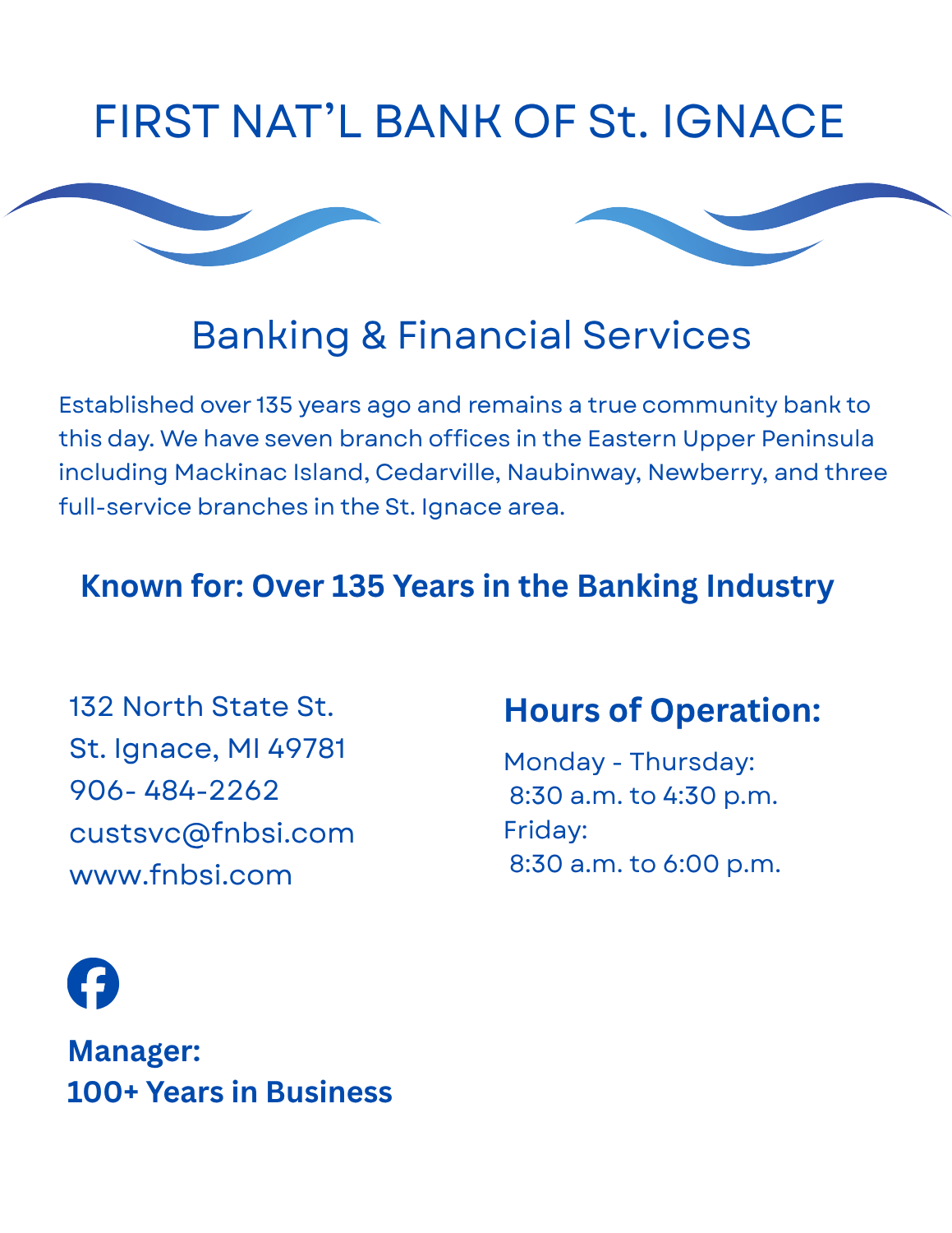 First National Bank of St. Ignace logo – community bank serving the Eastern Upper Peninsula