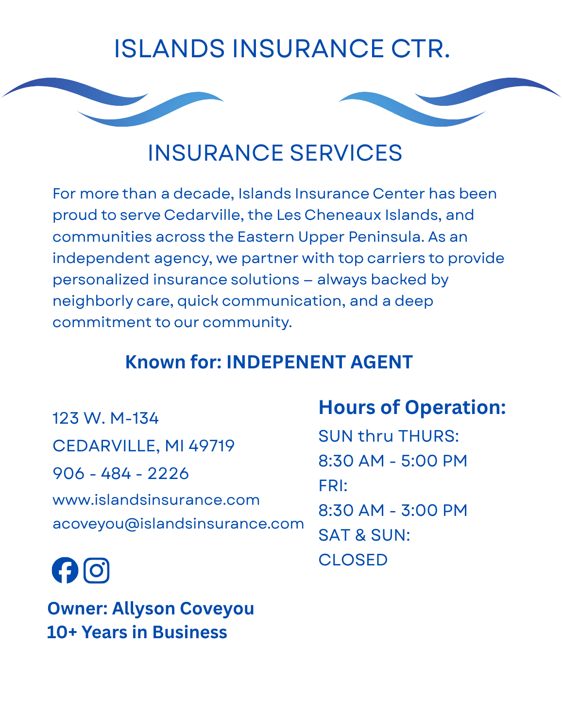 Islands Insurance Center page – independent insurance agency in Cedarville, Michigan