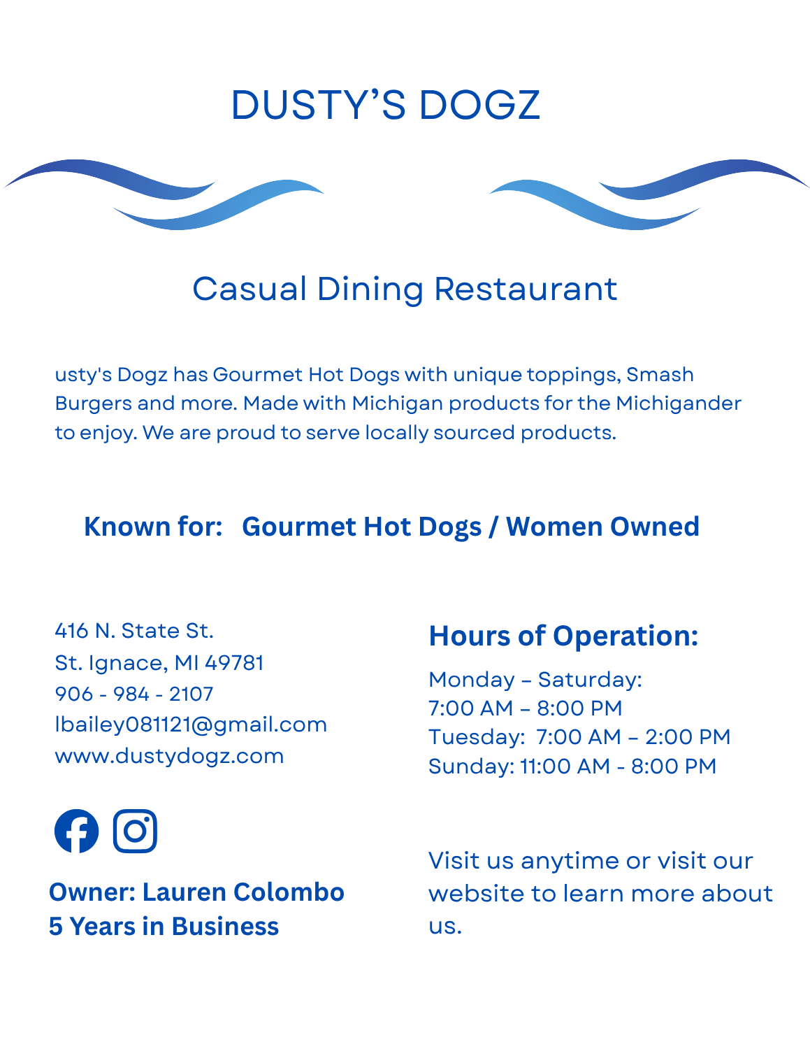 Dusty's Dogz page – restaurant serving gourmet hot dogs and street tacos in Cedarville, Michigan