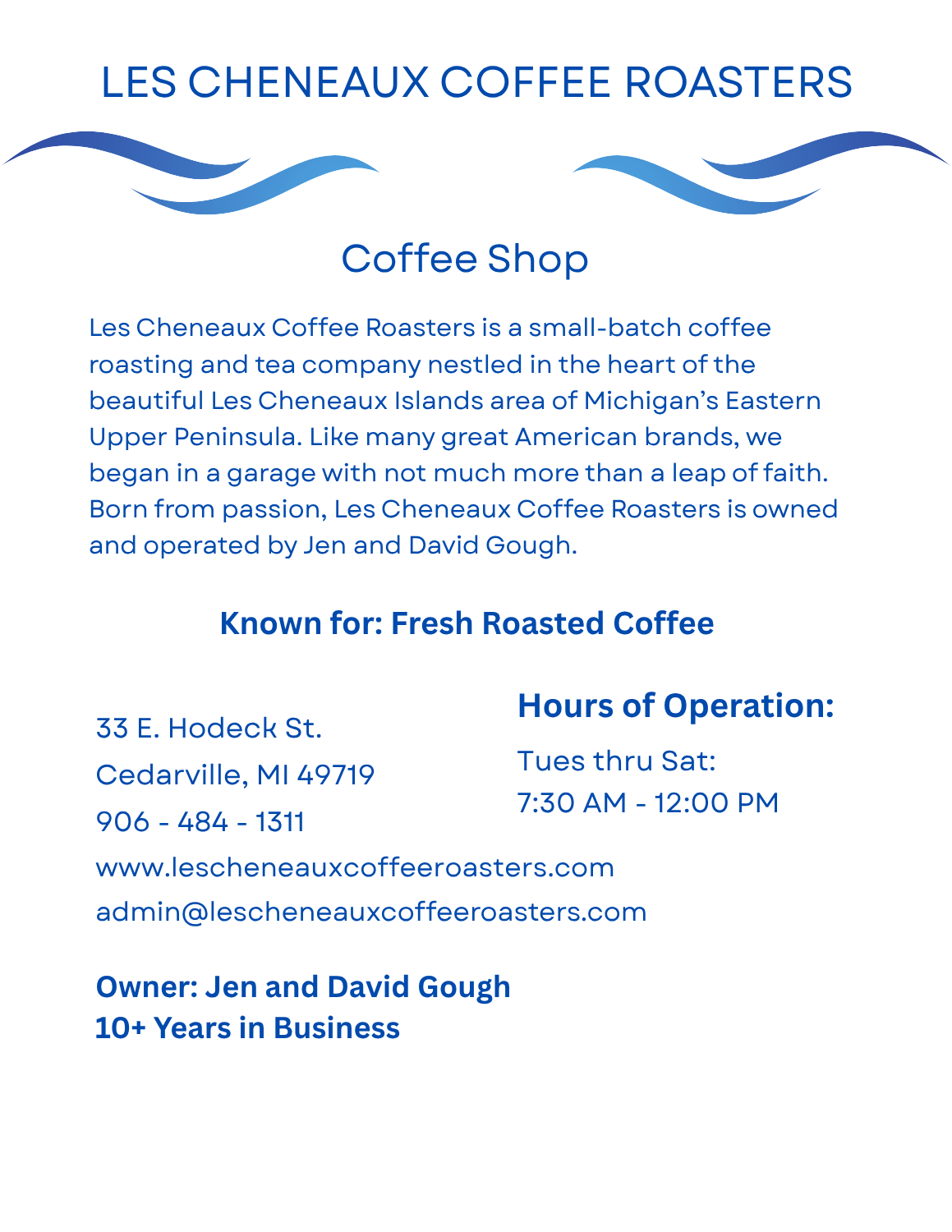 Les Cheneaux Coffee Roasters page – coffee shop in Cedarville, Michigan