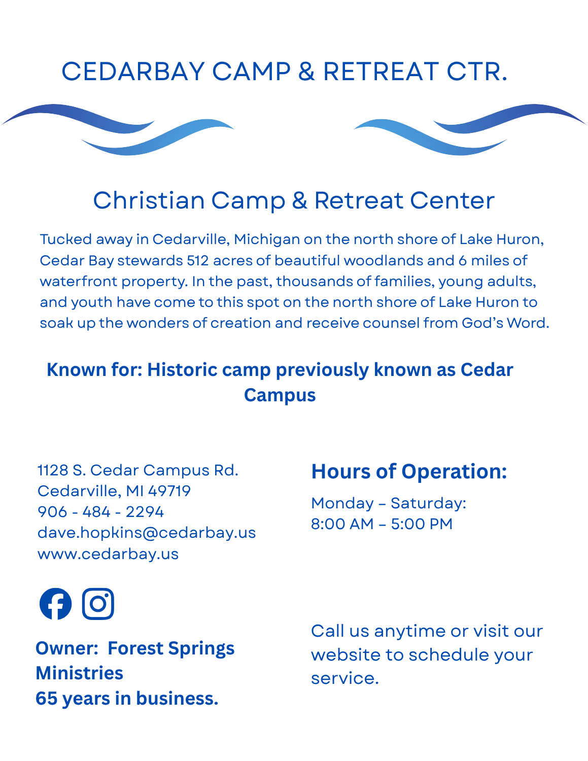 Cedarbay Camp & Retreat Center page – Christian camp and retreat center in Cedarville, Michigan