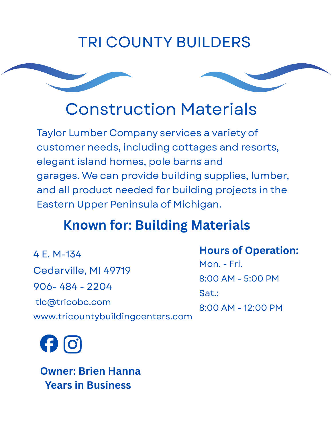 Tri County Building Centers page – building materials supplier in Cedarville, Michigan