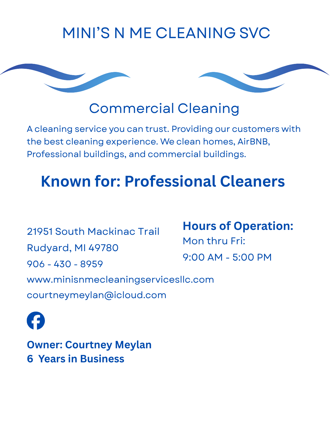Mini's N Me Cleaning Service page – commercial and residential cleaning service in Rudyard, Michigan