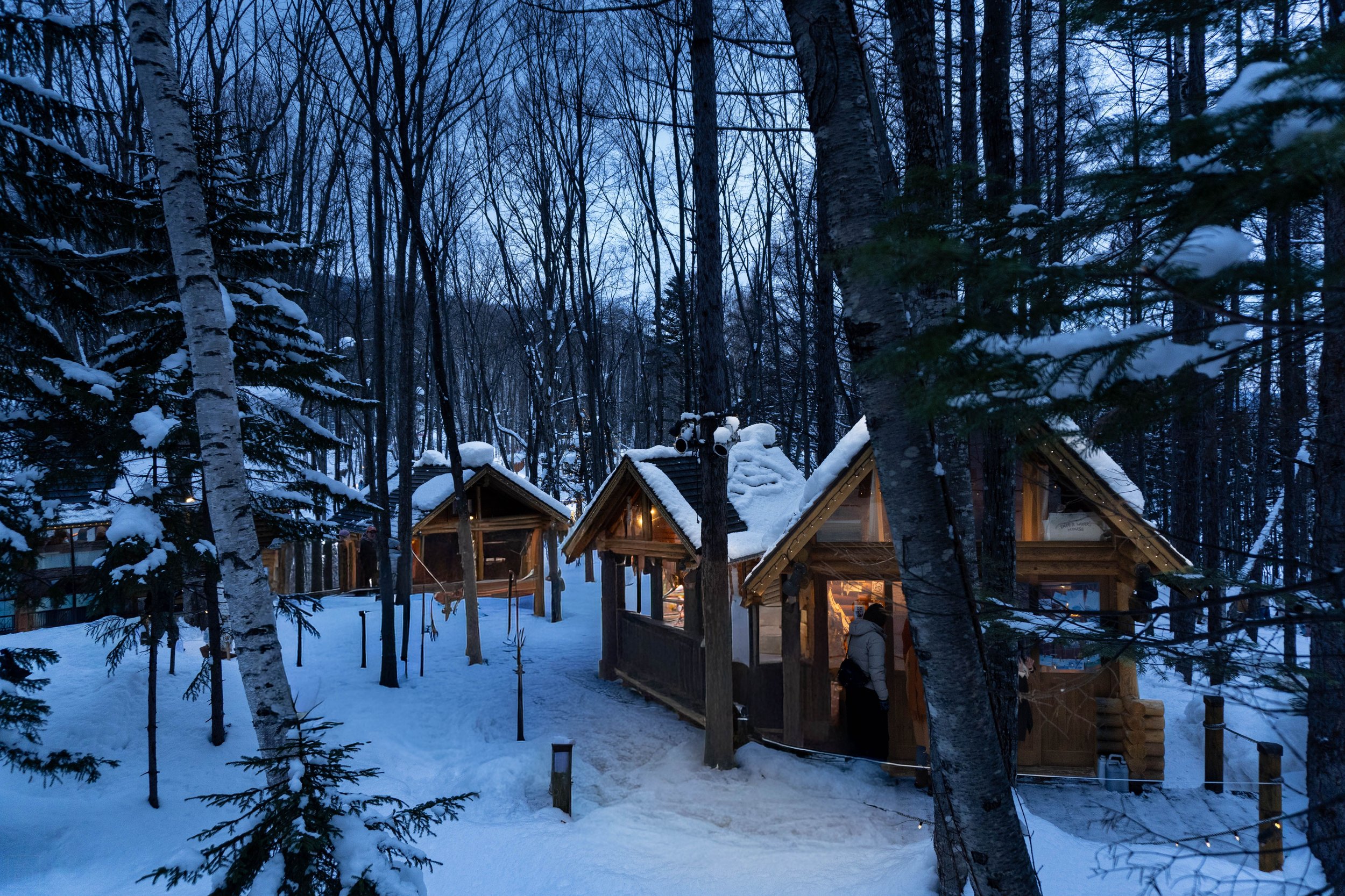 A snowy winter scene in a forest with trees and small wooden cabins, some lit from within, surrounded by snow-covered ground and trees.