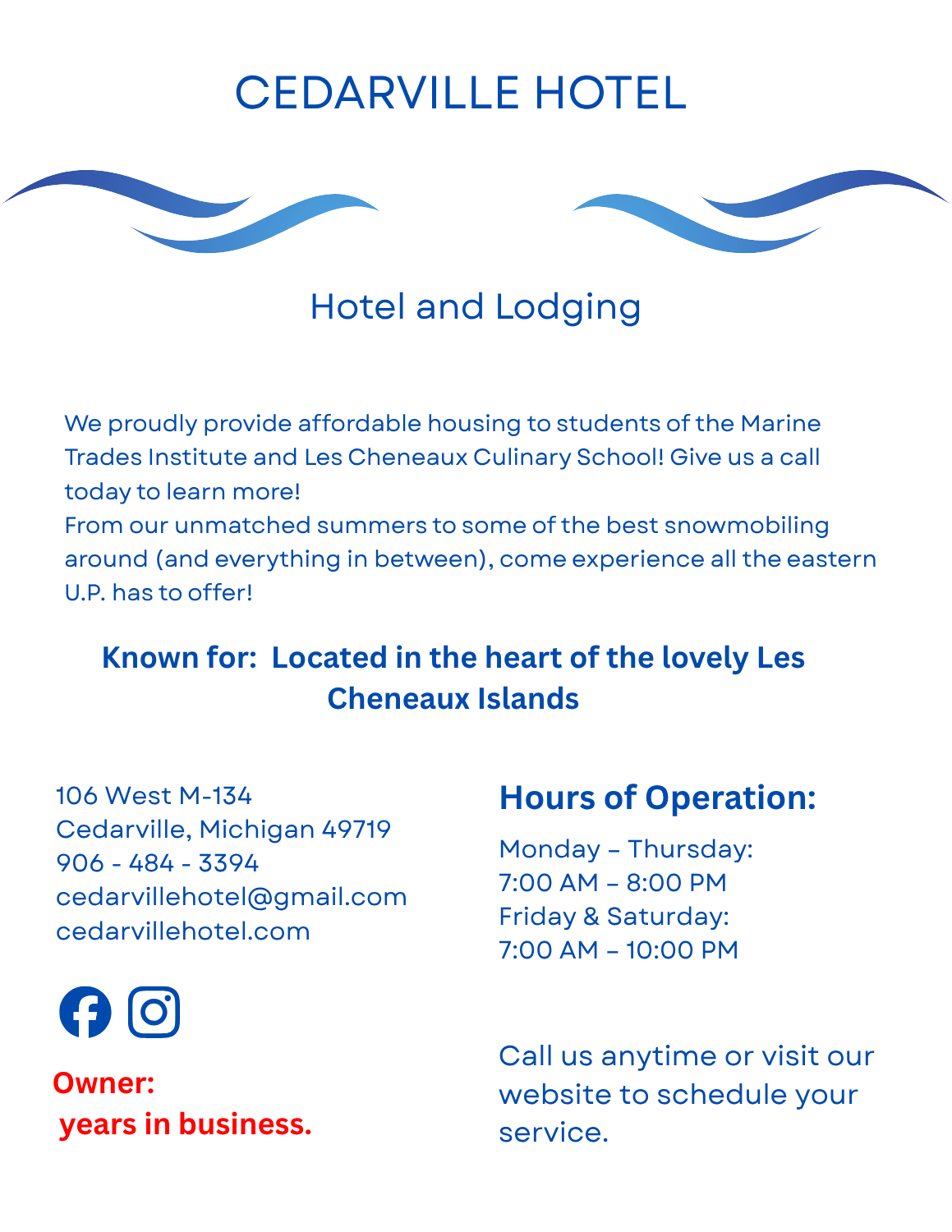 Cedarville Hotel page – year-round hotel in Cedarville, Michigan