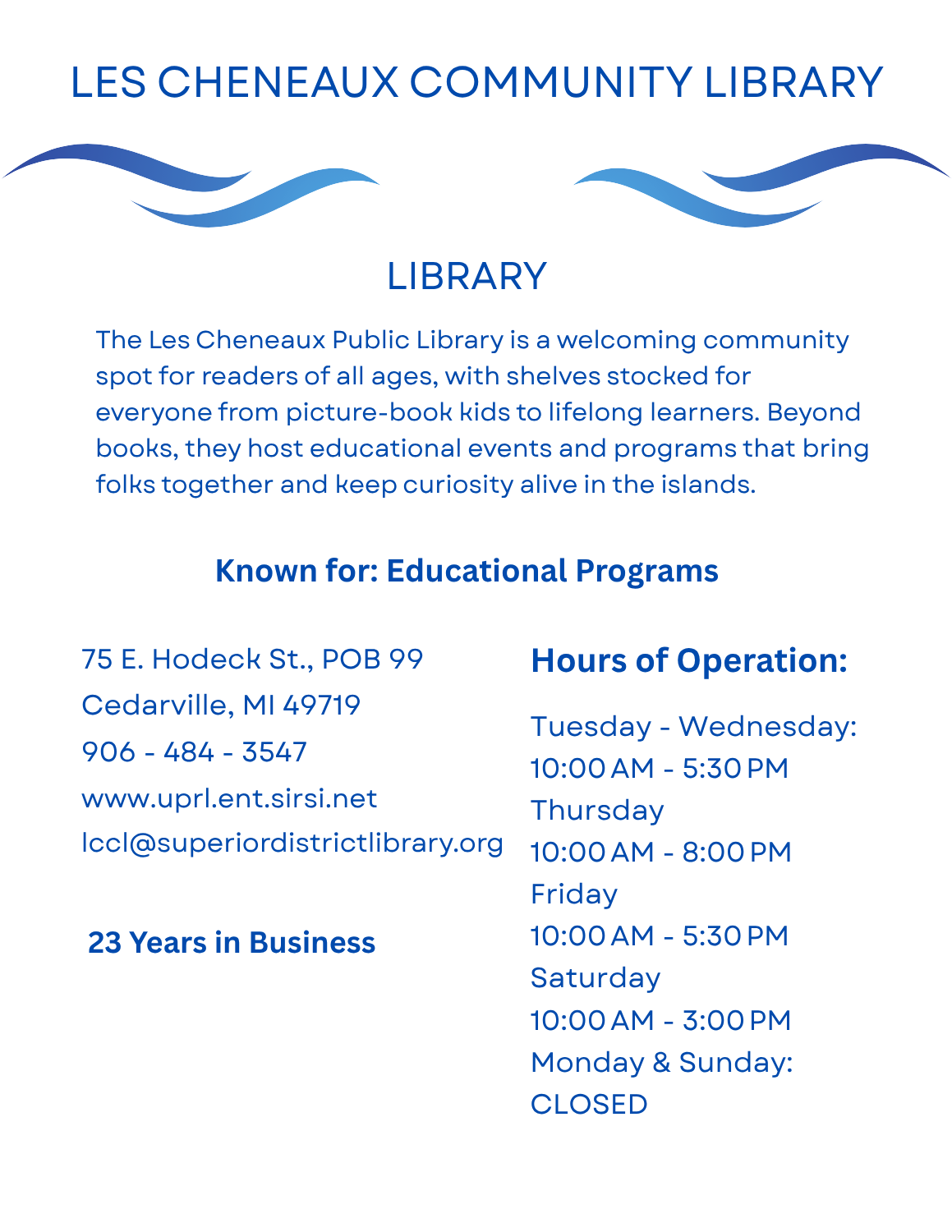 Les Cheneaux Community Library page – public library in Cedarville, Michigan