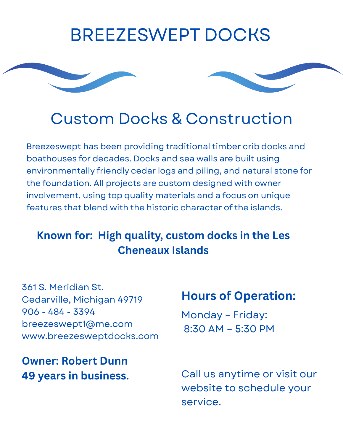 Breezeswept Docks page – custom timber dock and boathouse builder in Cedarville, Michigan