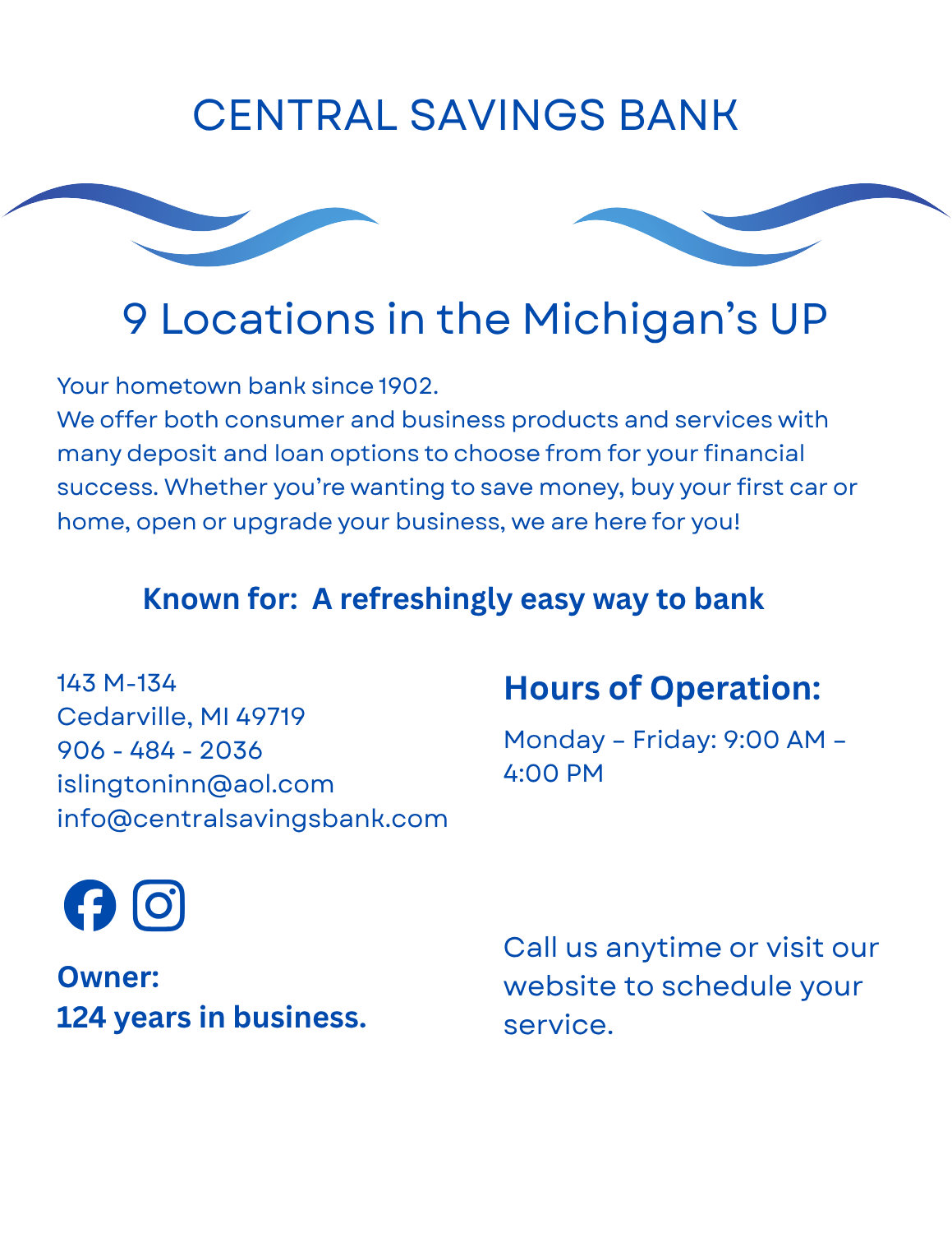 Central Savings Bank page – community bank in Cedarville, Michigan