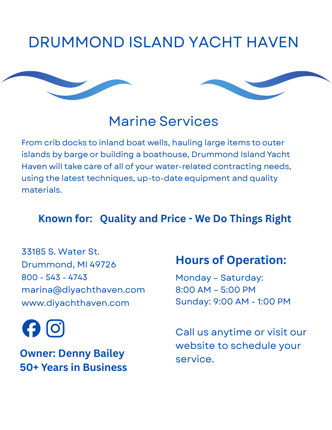 Drummond Island Yacht Haven page – marine services and dock building in Drummond Island, Michigan
