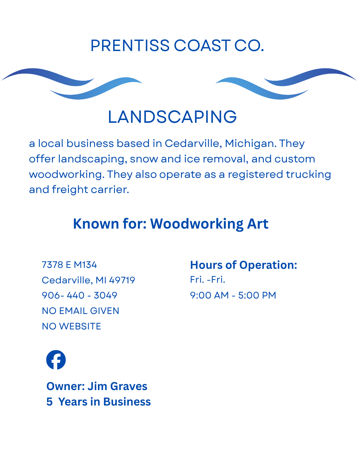Prentiss Coast Co. page – landscaping and woodworking company in Cedarville, Michigan