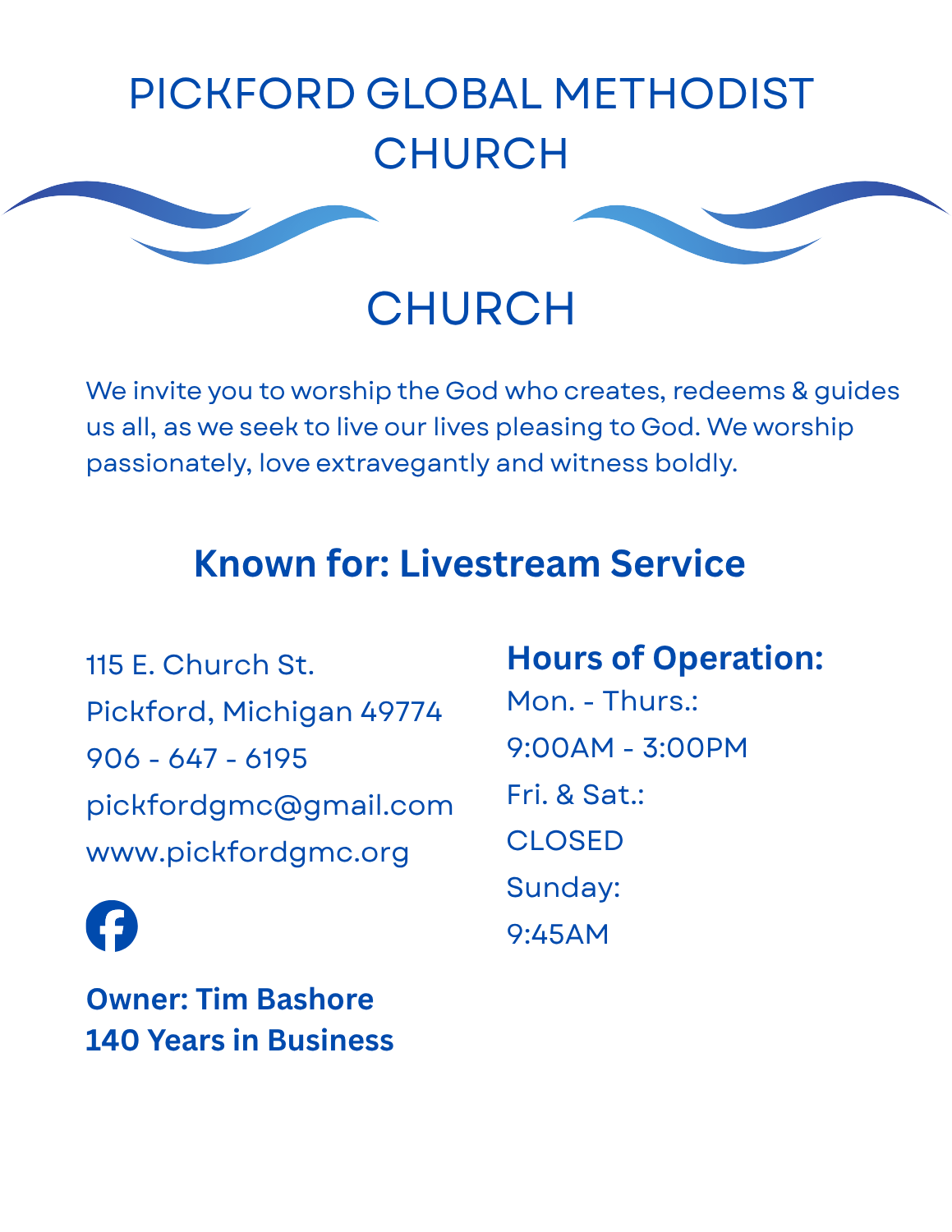 Pickford Global Methodist Church page – church in Pickford, Michigan