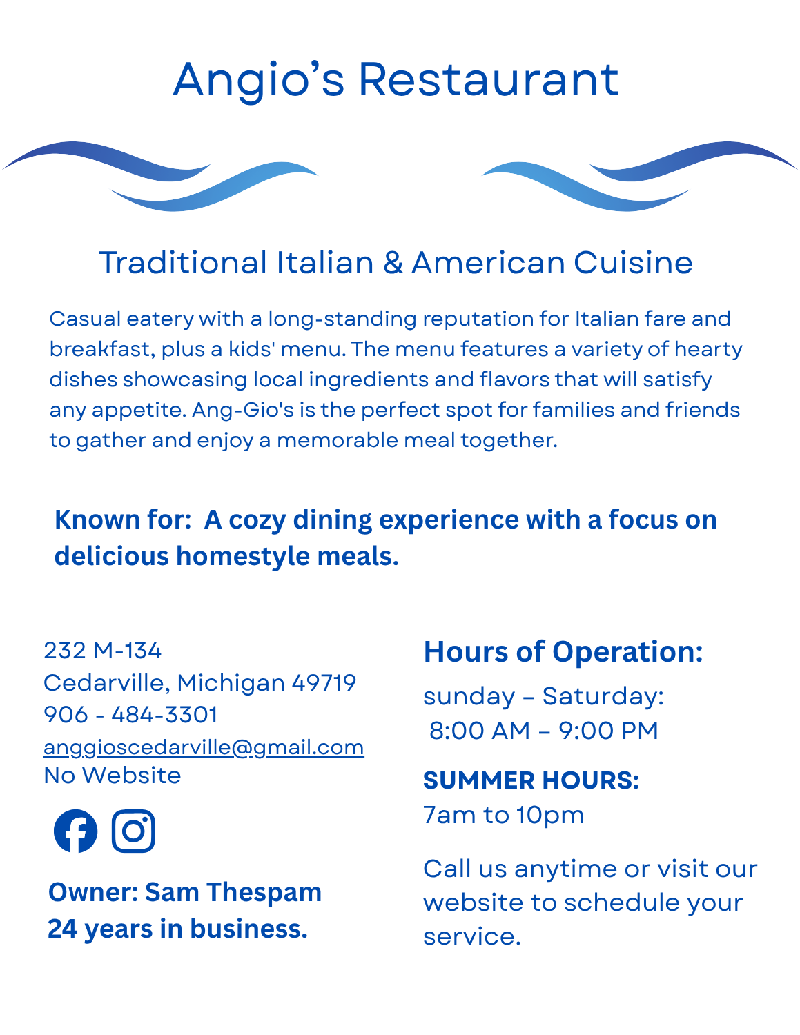 Angio's Restaurant page – Italian and American restaurant in Cedarville, Michigan