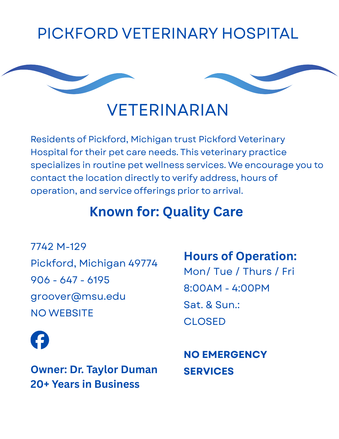 Pickford Veterinary Hospital page – veterinarian in Pickford, Michigan