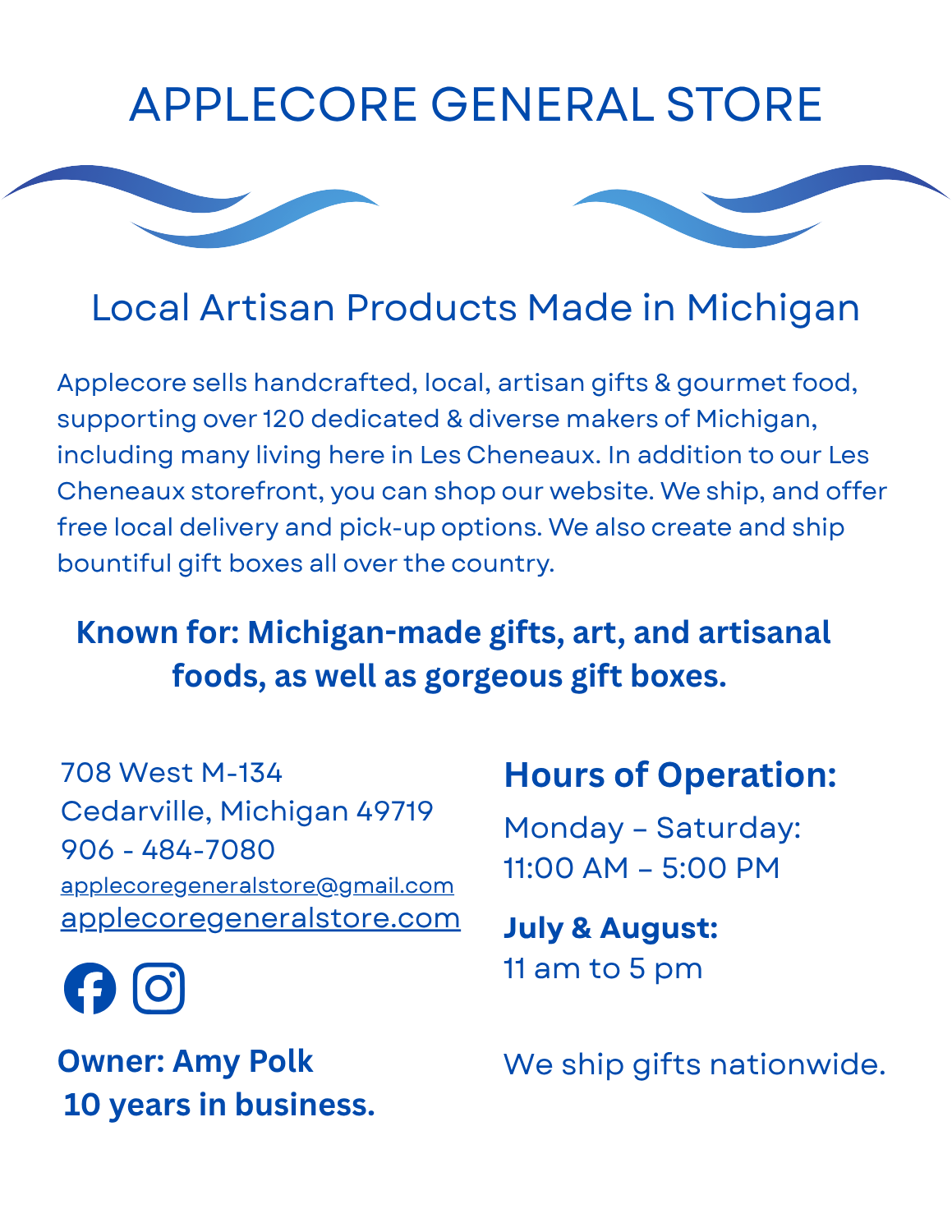 Applecore General Store page – gift shop and general store in Cedarville, Michigan
