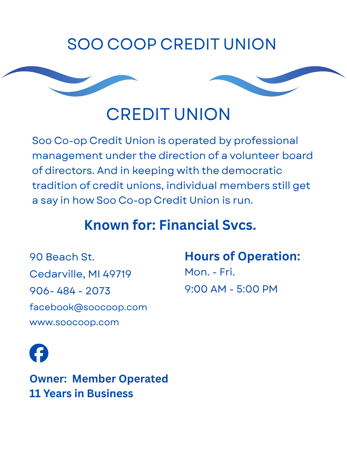 Soo Co-op Credit Union page – credit union in Cedarville, Michigan