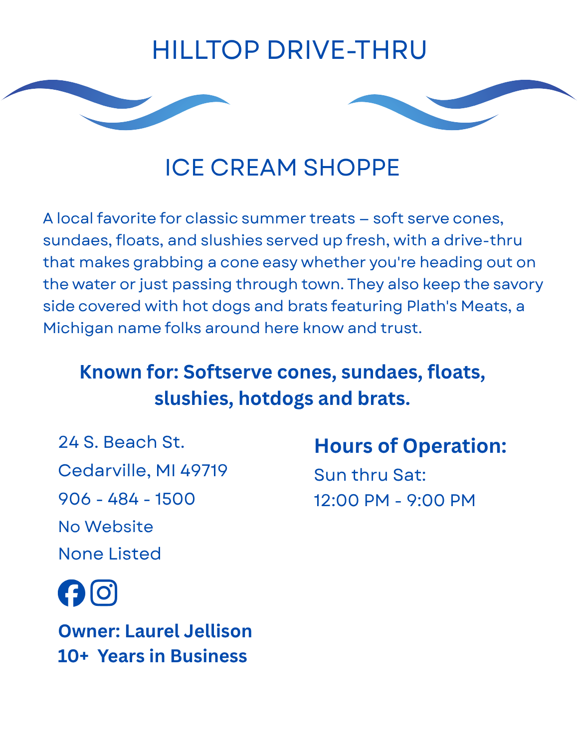Hilltop Drive-Thru page – ice cream shoppe in Cedarville, Michigan