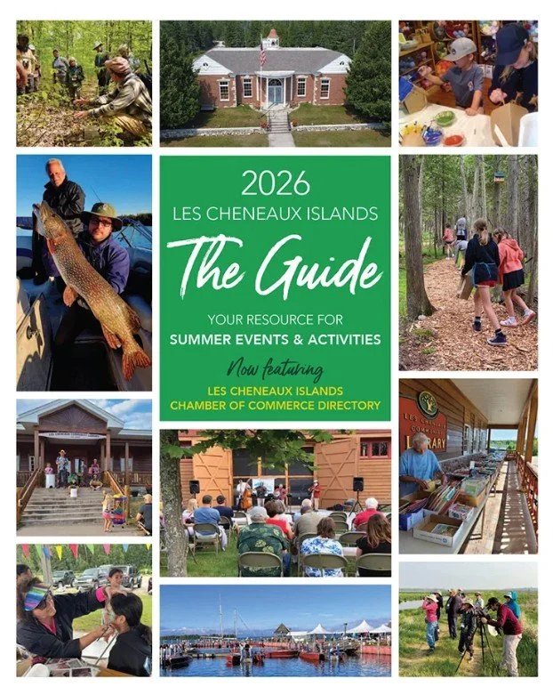A collage of images promoting summer events and activities on Les Cheneaux Islands, including outdoor recreation, fishing, a library sale, and community gatherings.