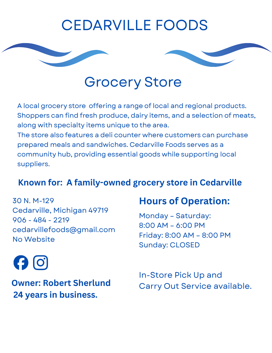 Cedarville Foods page – family-owned grocery store in Cedarville, Michigan