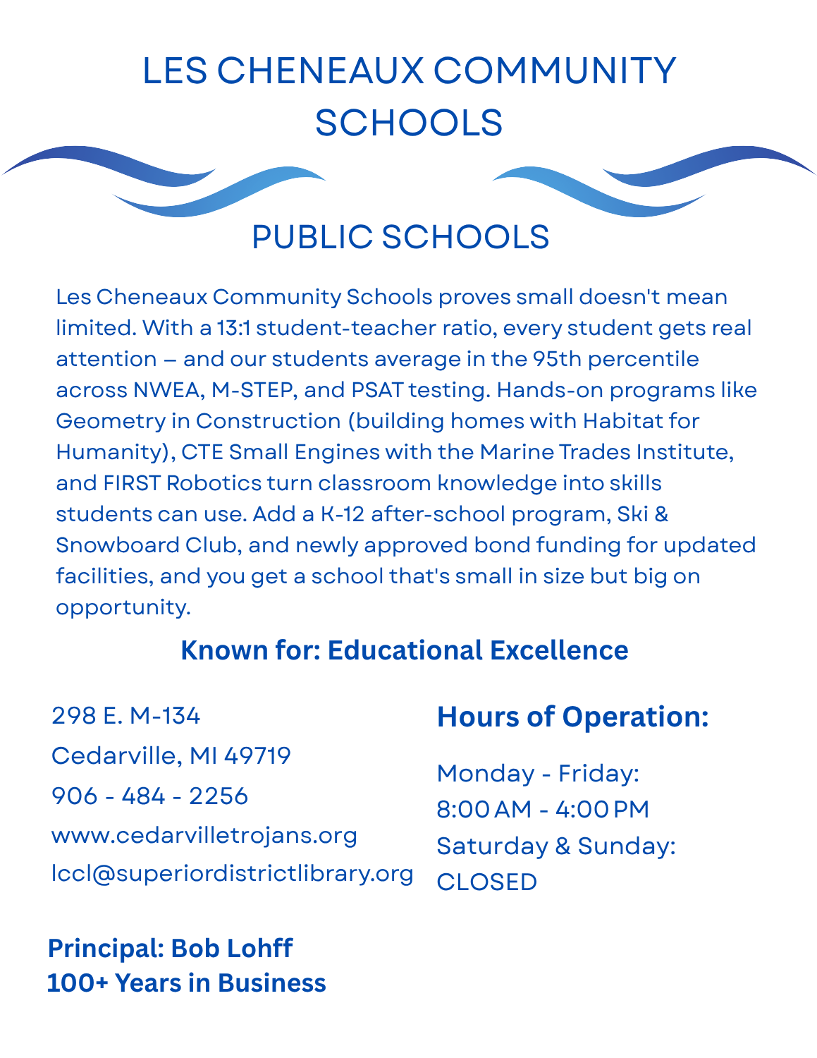 Les Cheneaux Community Schools illustration representing K–12 public education and student learning in Cedarville, Michigan.