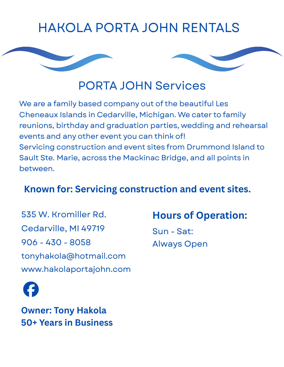 Hakola Porta John Rentals page – portable restroom rental company in Cedarville, Michigan