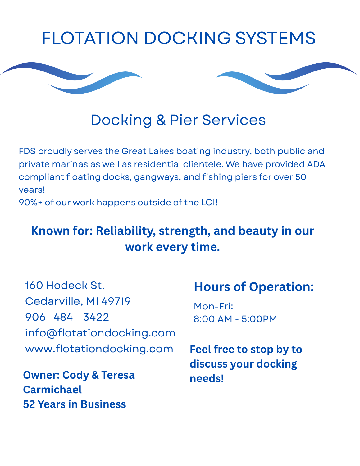 Flotation Docking Systems logo – floating dock and pier builder in Cedarville, Michigan