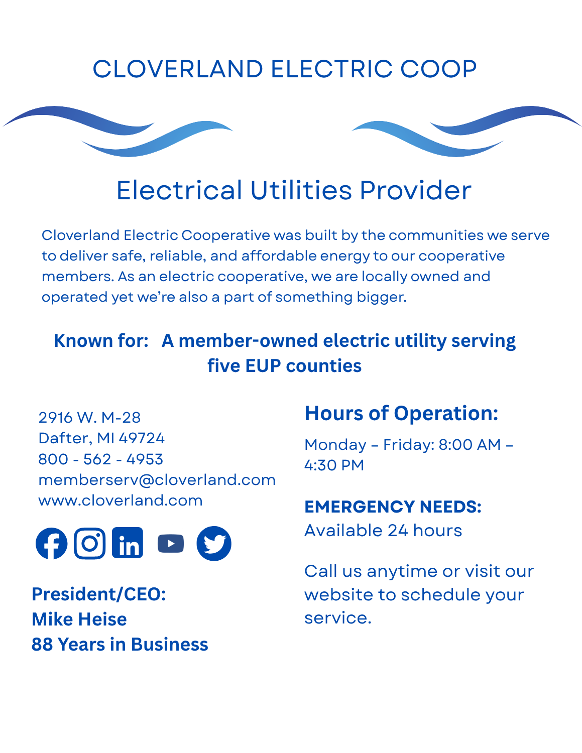 Cloverland Electric COOP page – electric cooperative in Cedarville, Michigan