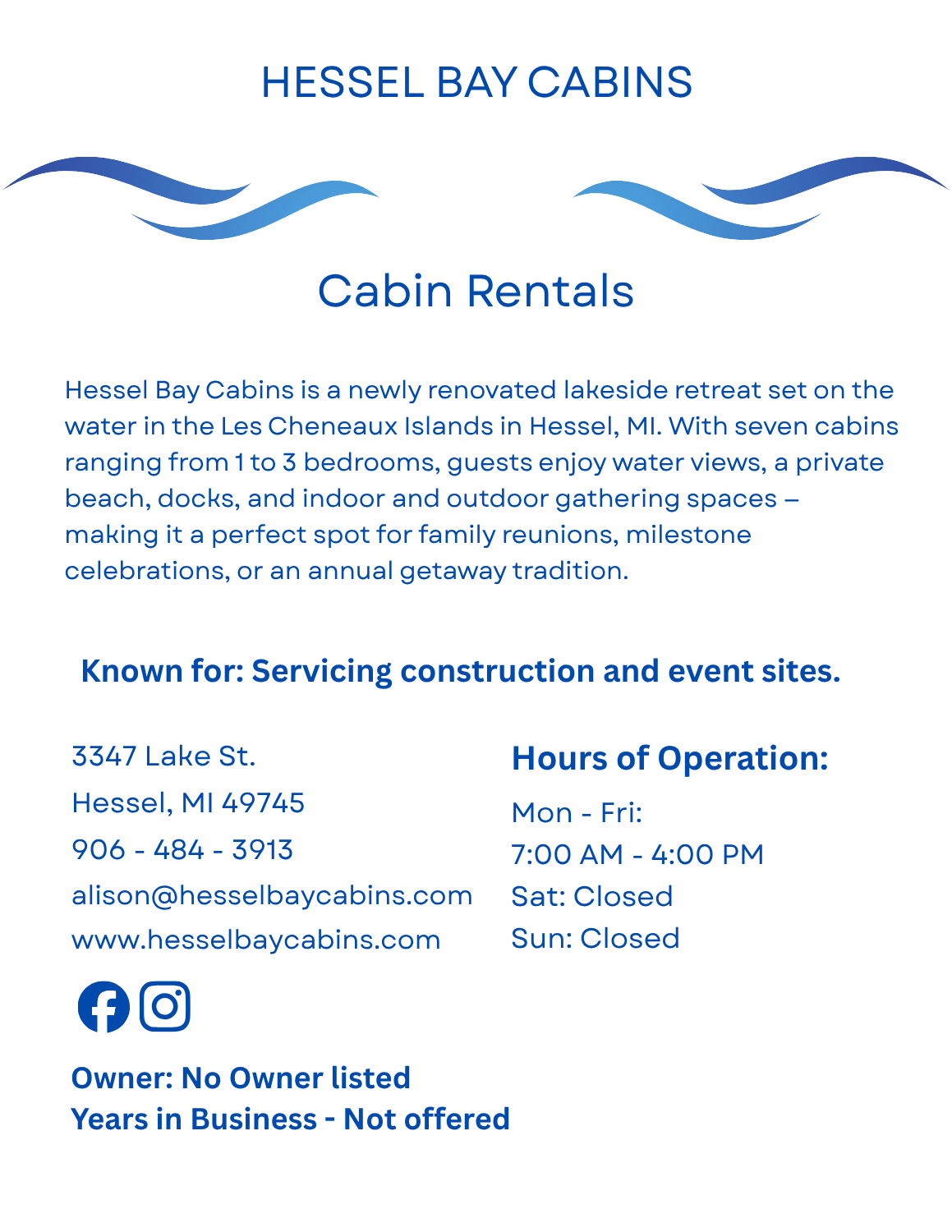 Hessel Bay Cabins page – lakeside cabin rentals in Hessel, Michigan