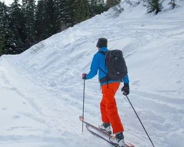 A person in blue jacket and orange pants skiing on a snowy slope with trees in the background.