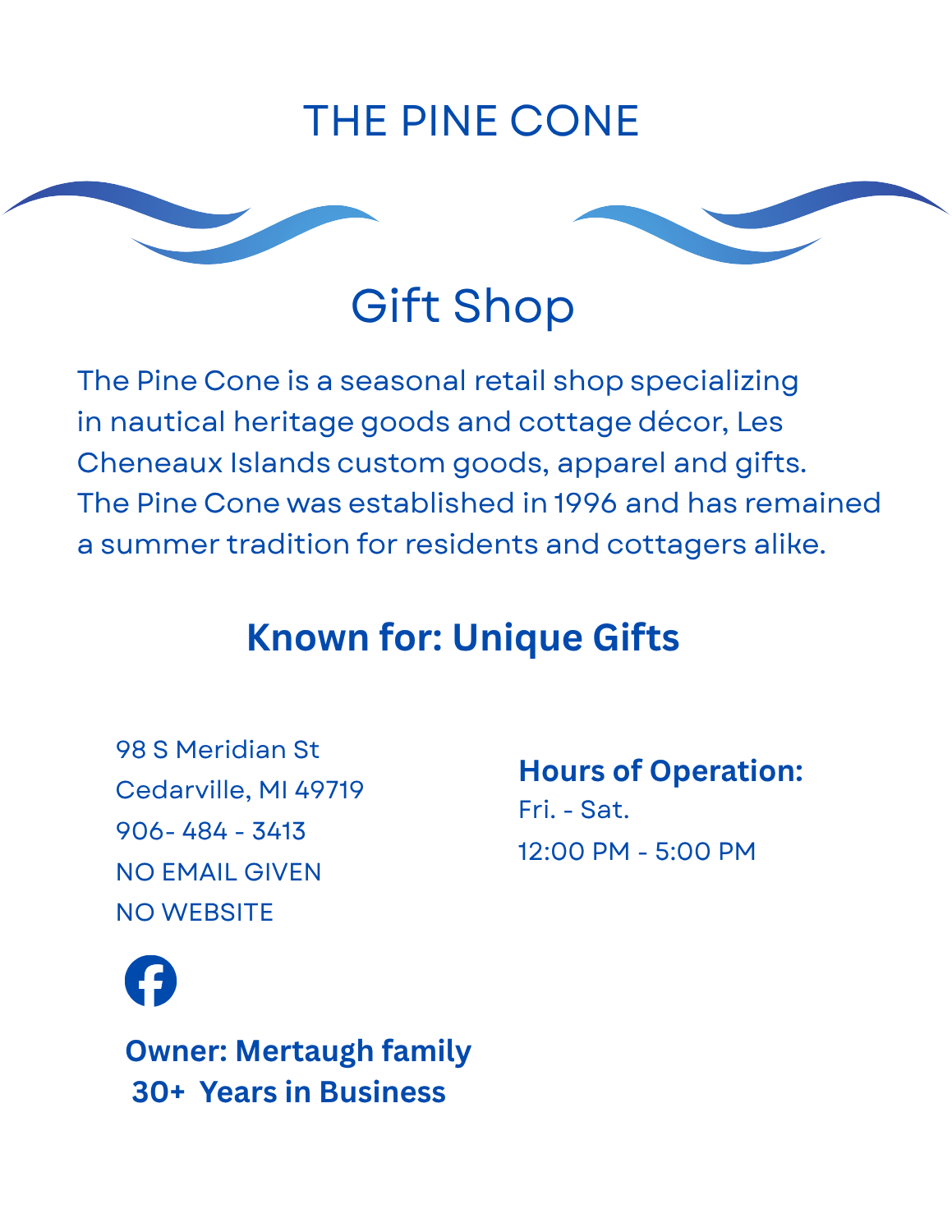 The Pine Cone page – seasonal gift shop in Cedarville, Michigan