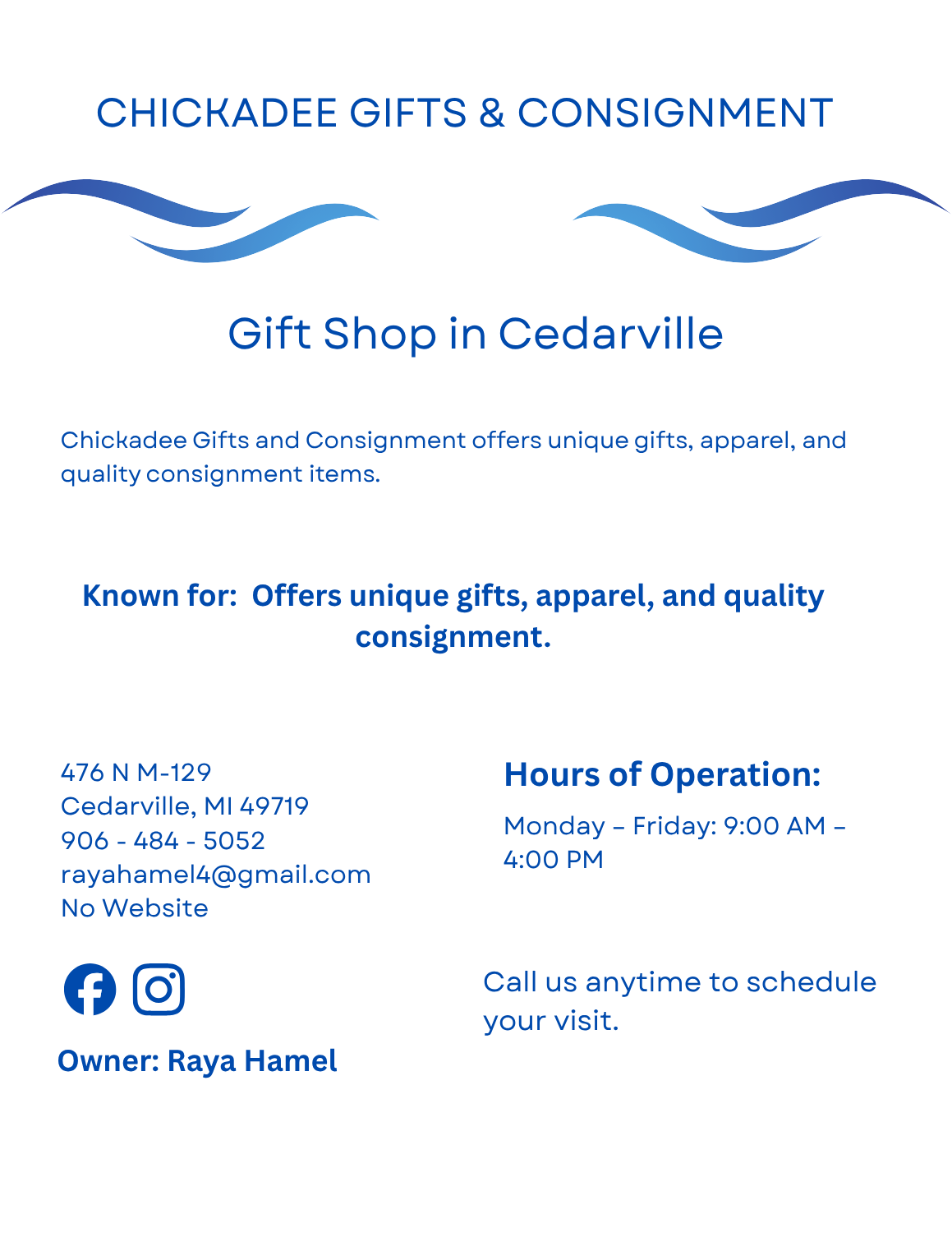 Chickadee Gifts & Consignment page – boutique gift and consignment shop in Cedarville, Michigan