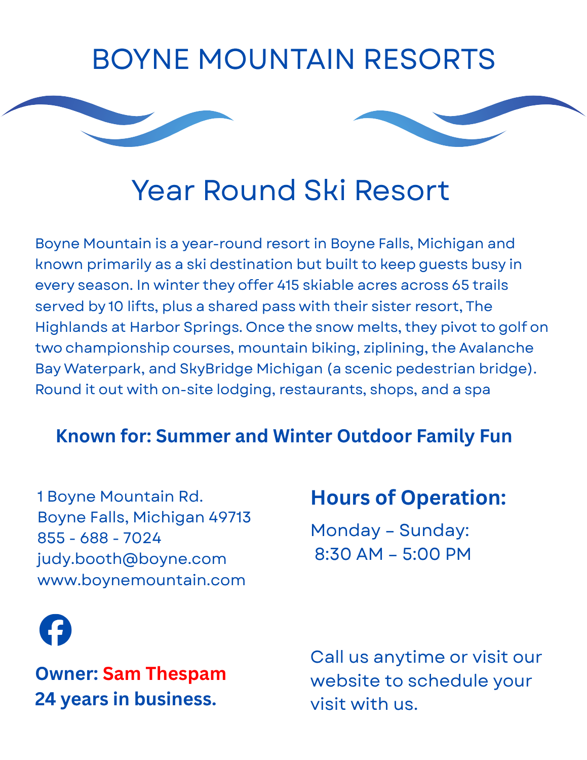 Boyne Mountain Resorts page – year-round ski and family resort in Boyne Falls, Michigan