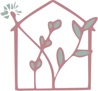 Illustration of a blooming plant inside a house outline with a growing plant and leaves.