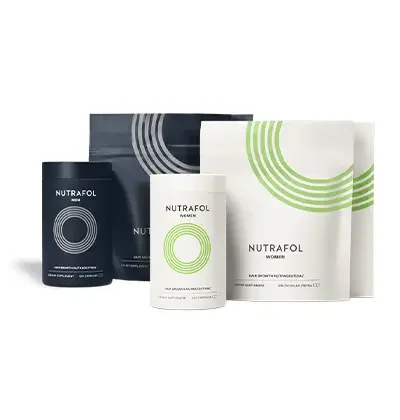 Collection of Nutrafol supplement bottles and packaging in black, white, and green colors.