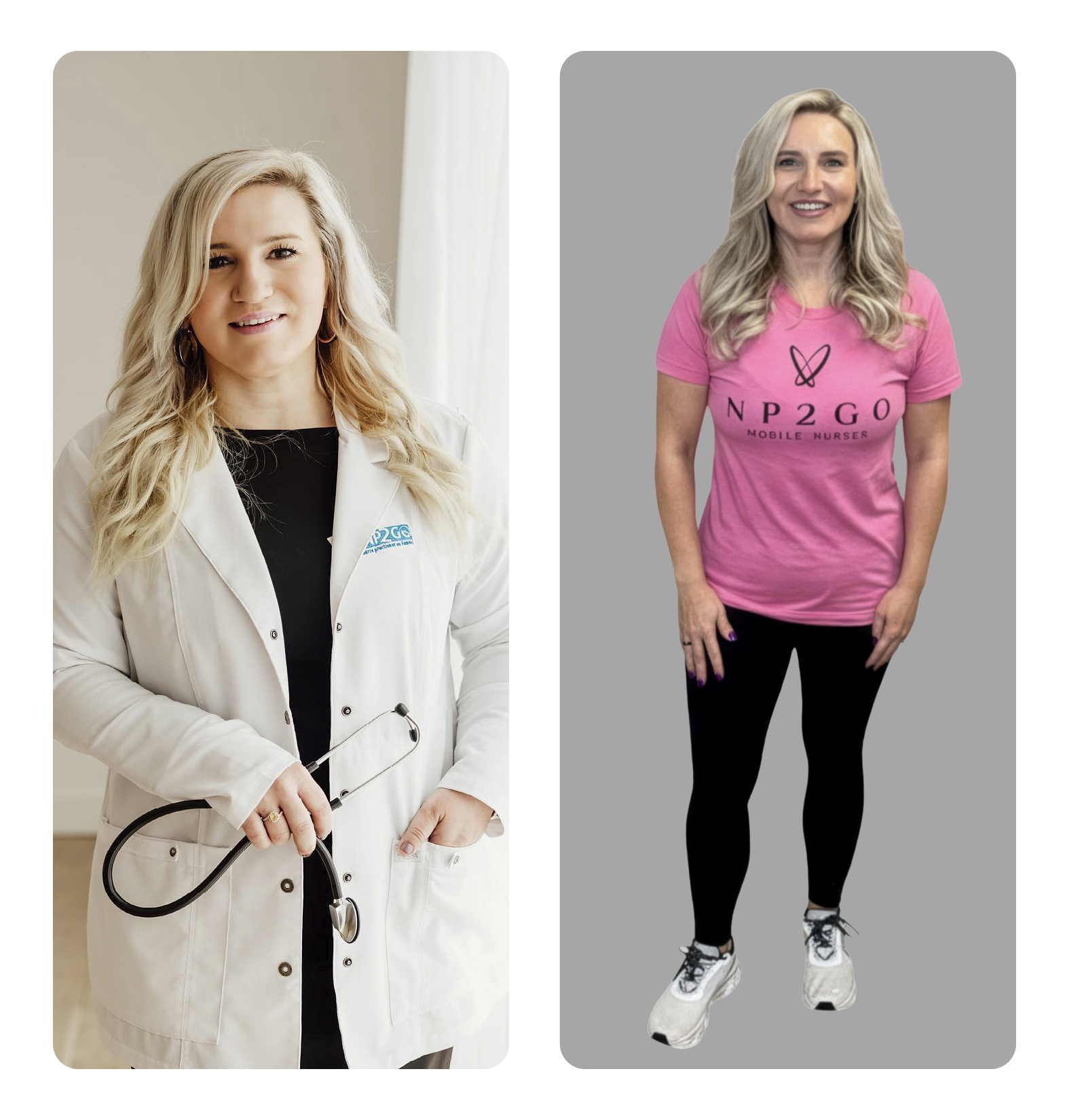 A woman with blonde hair wearing a pink t-shirt with 'NP2GO Mobile Nurser' logo, black leggings, and sneakers, standing against a gray background.