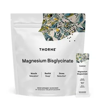White resealable bag of Thorne Magnesium Bisglycinate supplements with colorful abstract design and smaller box replica